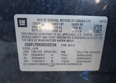 2013 GMC Terrain Sle-2 из США, поврежденный, VIN 2GKFLTEK8D6302134